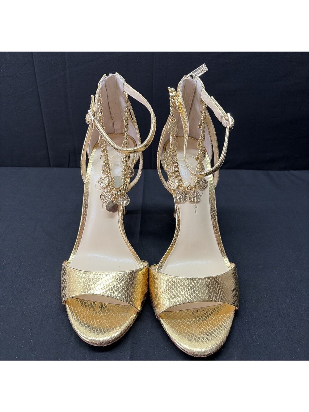 Jessica Simpson Jetser Chain Medallion Heeled Sandal, Gold, 9.5 Ships Same Day - Picture 1 of 6